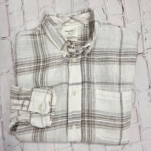 Billy Reid White And Brown Windowpane Tuscumbia Linen Long Sleeve Shirt